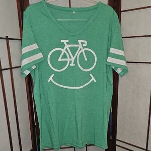 Green V-Neck T-Shirt with Bicycle Graphic